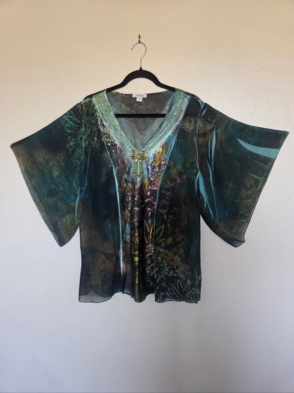 Teal & Dark Green Sheer Floral V-Neck Embellished Tunic Fairy Whimsical Boho 1X